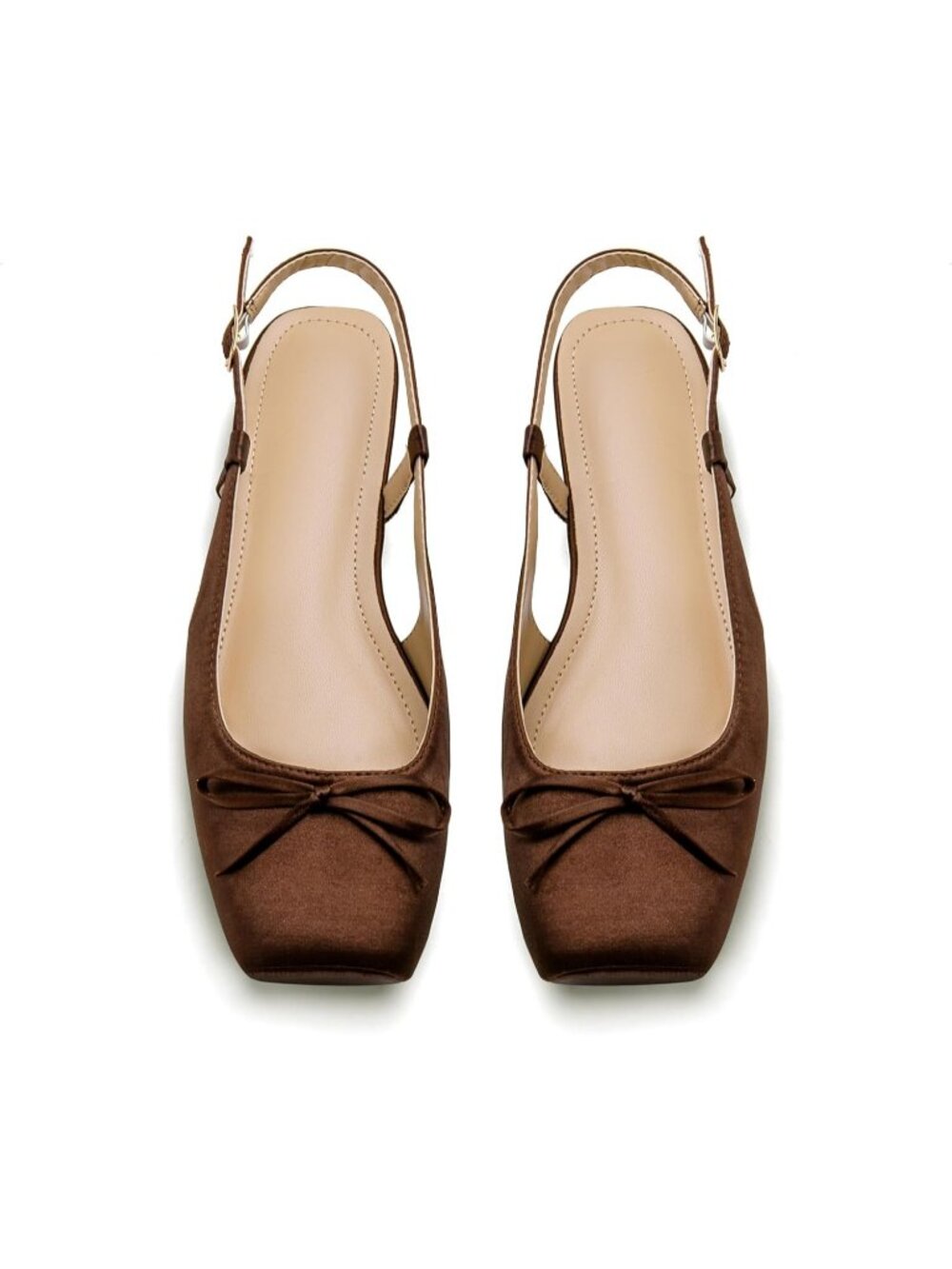 Women's Coffee Slingback Square Toe Bow Knit Ankle Buckle Satin Ballet Flats - Picture 1 of 7